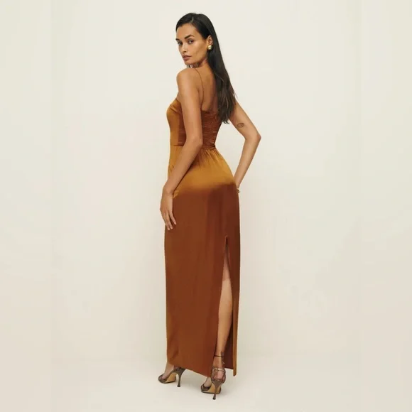 NEW Reformation Frankie Silk Long Dress in Copper Brown | size 4 - Picture 4 of 13